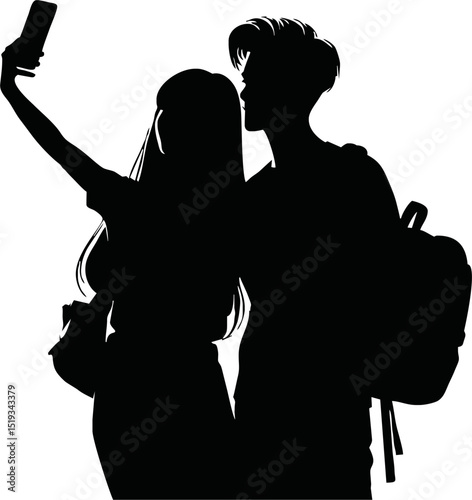 Silhouette of young couple taking selfie with phone
 vector isolated on white background