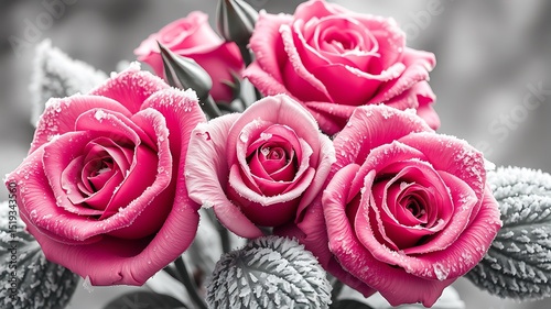 Frosted pink roses close up winter bouquet photography