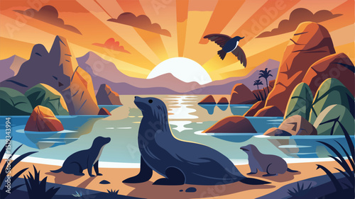 Sea Lion Family at Sunset by the Ocean with Bird Flying Above