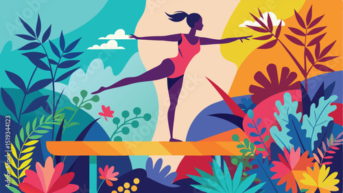 Gymnast on Balance Beam in Colorful Tropical Environment Illustration