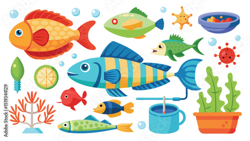 Colorful Cartoon Fish and Aquarium Objects on a White Background