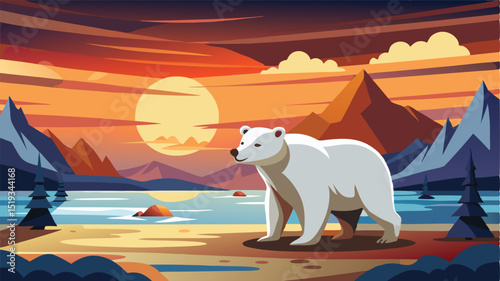 Polar Bear in Arctic Landscape at Sunset with Mountains and Water