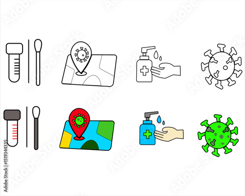 Flat-style Corona icon set: virus, mask, vaccine, hand wash, and more. Perfect for medical design, education, and health campaigns. Available in AI, EPS, SVG, PNG formats.