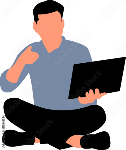 Young Man Sitting Cross-Legged with Laptop Vector Illustration for Remote Work and Online Learning Concept