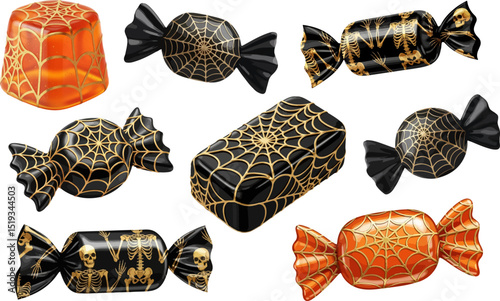 glamorous halloween candy set isolated vector objects luxury trick or treat sweets spiderweb skeleton skulls for web design decor illustration