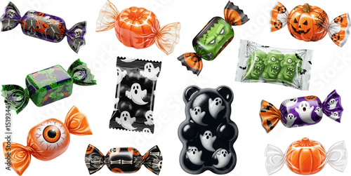 halloween candy set vector isolated objects spooky trick or treat sweets collection ghoul pumpkin zombie eye chocolate festive elements decor