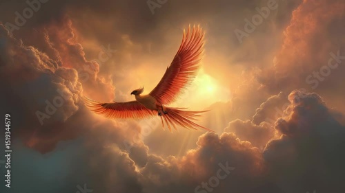 Phoenix bird flying with wings spread wide among clouds illuminated by glowing light. Concept of rebirth and immortality.