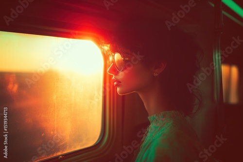 Silhouette of young woman in sunglasses by train window at sunset, face glowing in warm golden light