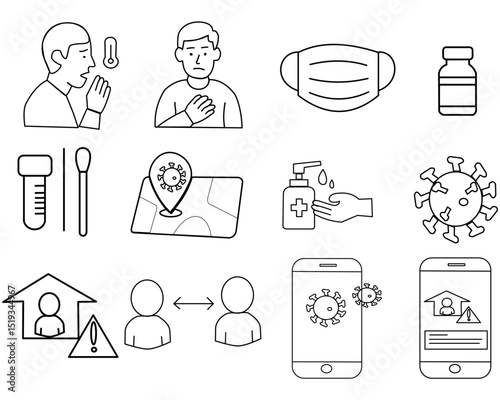 Flat-style Corona icon set: virus, mask, vaccine, hand wash, and more. Perfect for medical design, education, and health campaigns. Available in AI, EPS, SVG, PNG formats.