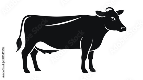 Black Silhouette of a Dairy Cow Standing on a White Background