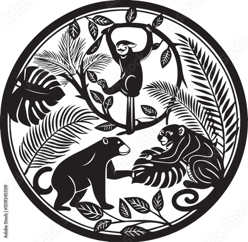 Black tribal animal vector art design featuring a lion head, a wild cat, and an abstract tree silhouette illustration for a powerful nature tattoo logo