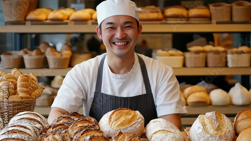Smiling Asian baker with fresh bread in bakery, happy baker presenting bread.