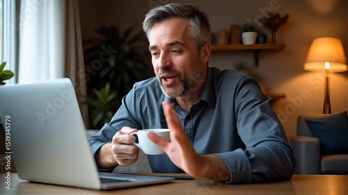 Middle-aged man having video call while holding coffee mug in bright cozy home setup
