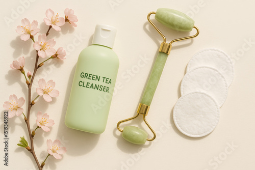 Flat lay of skincare items with green tea cleanser, jade roller, cotton pads, and cherry blossom – natural beauty and facial care concept