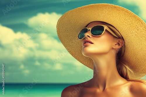 Portrait of stylish woman in wide straw hat and sunglasses at seaside beach on sunny summer day