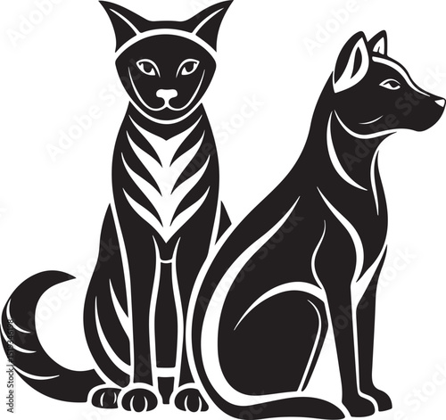 Cute black and white cat illustration vector with a funny kitten silhouette design