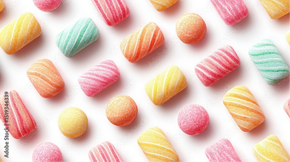 Fototapeta premium Overhead shot of sugary candies arranged on plain white background in pattern