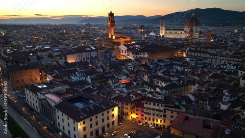 night aerial view of Florence with Florence cathedral, Italian Renaissance architecture, iconic drone shot of Florence