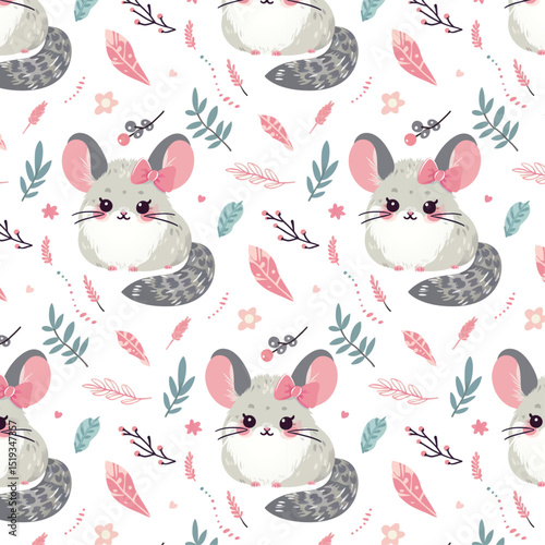 Children's seamless pattern with cute chinchilla, green and pink leaves, flowers and berries