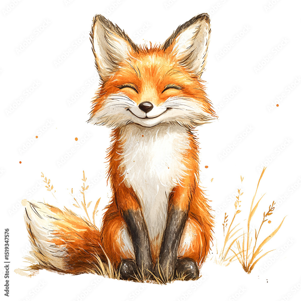 Obraz premium Happy red fox sitting in grass isolated on transparent PNG
