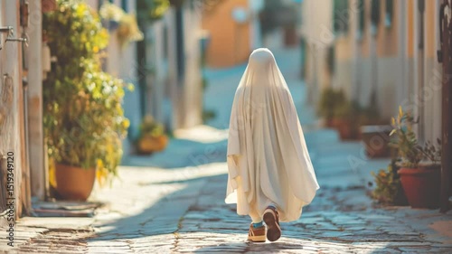 A child walks down a narrow alley, covered in a white sheet with only shoes peeking out underneath