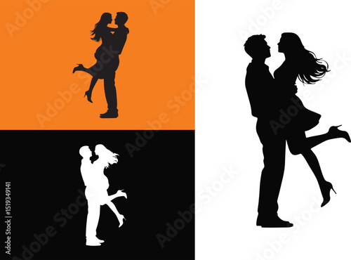 Husband Holding Wife in Love Silhouette Illustration Icon Set Design