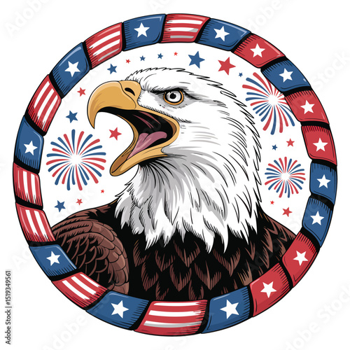 Patriotic bald eagle head with fireworks and stars