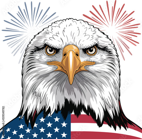 Patriotic bald eagle with american flag and fireworks
