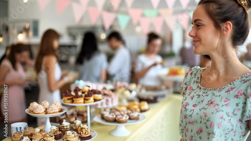 A smiling young woman in a floral dress stands in front of a dessert table at a festive indoor event