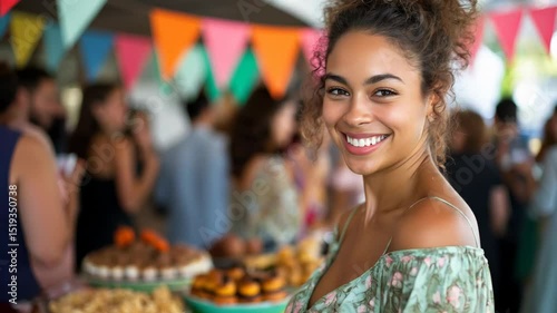 A cheerful woman with curly hair smiles brightly at a food-filled party with colorful bunting above