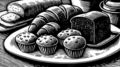 A black and white sketch vector of assorted bakery items (croissants, muffins, bread), drawn in ink style, suitable for café branding