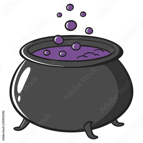 A black cauldron with three legs, filled with bubbling purple liquid and emitting small purple bubbles into the air.