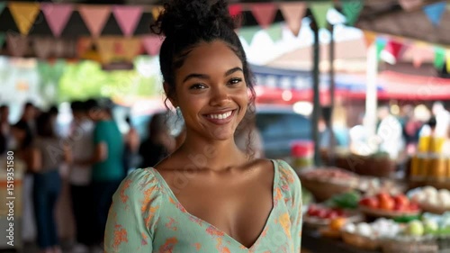 Smiling woman with curly hair stands near food stalls under colorful triangular flags