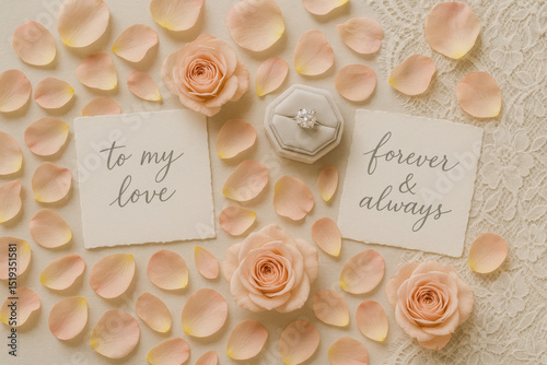 Romantic wedding flat lay with rose petals, handwritten notes, lace, and ring box – love letter and engagement or anniversary concept

