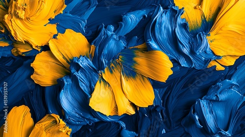 Deep slate blue ink layered with bright sunflower yellow paint, forming a bold, textured pattern with dynamic depth and contrast.