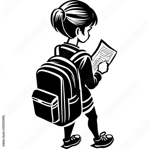 Sketchy emblem of girl looking for a convenient route with a map guide in monochrome. Engraving minimalistic vector in black ink drawing on transparent background