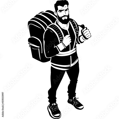 Sketchy sport emblem of adventurer man with backpack on shoulders aerial view from above in monochrome. Engraving minimalistic vector in black ink drawing on transparent background