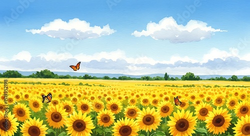 Bright yellow sunflowers stretch across the sun-drenched field under a clear blue summer sky, embodying nature's beauty and agricultural growth