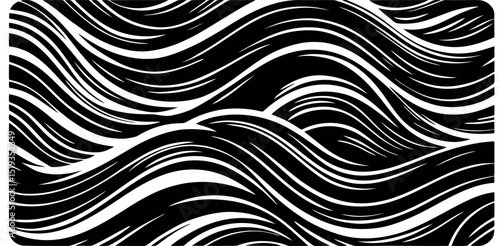 Black and white abstract wavy lines creating a flowing pattern with a dynamic and rhythmic composition