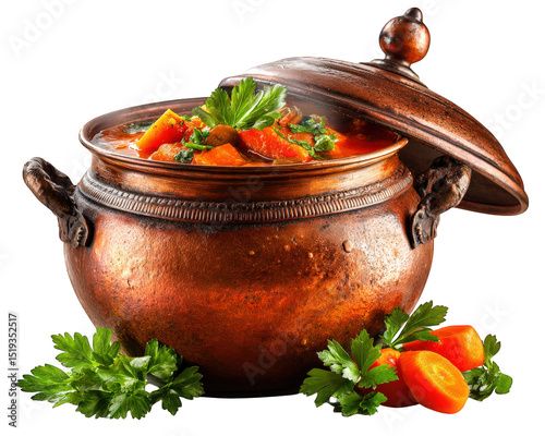 Traditional copper pot filled with vibrant vegetable stew, featuring carrots and fresh parsley, exudes warmth and comfort. rich colors and textures invite sense of home cooked goodness