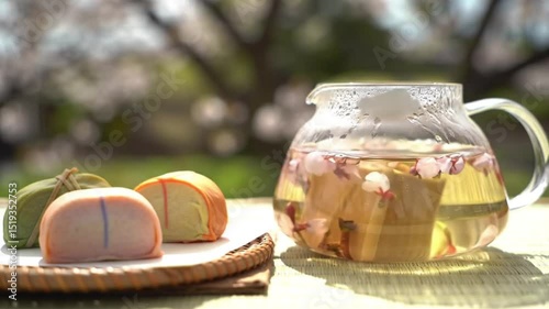 Japanese Cherry Blossom Kombucha. Delicate shot of sakura-flavored fermented tea - visible blossom petals in glass teapot. Kyoto hanami picnic setting with traditional wagashi. 