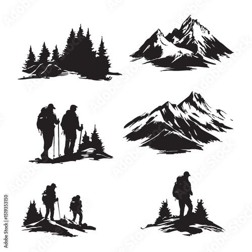 Mountain hiking silhouette set of simple minimal vectors