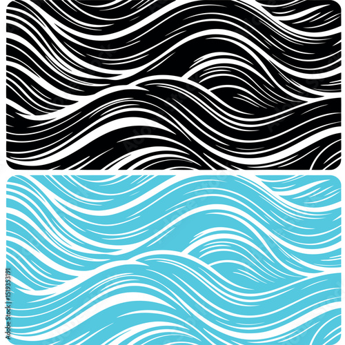 Black and blue wavy lines pattern with white accents creating a dynamic and stylized background effect