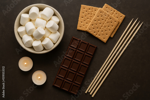 S’mores flat lay with marshmallows, chocolate bar, graham crackers, skewers, and tealight candles – cozy indoor campfire snack setup

