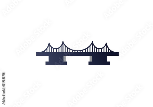 A simple dark blue bridge illustration on a white background with a minimalist design style used