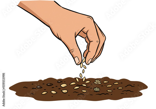 A hand sowing seeds into the ground with brown soil and small plants on a white background drawing