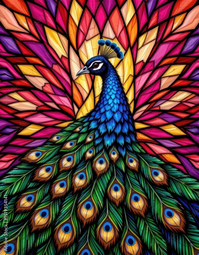 Fototapeta premium Colorful Peacock with Vibrant Stained Glass Background Design