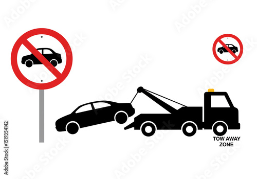Illustration of a car being towed away in a tow away zone with no parking signs on a white background