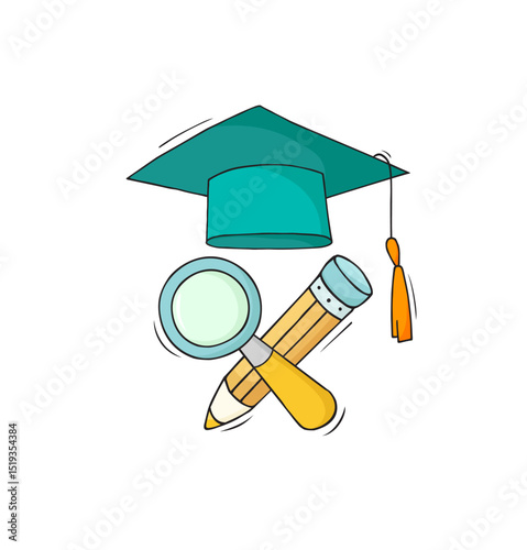 Doodle graduate student hat with icons of pencil and loupe. Education in university and college concept with sketch student cap and school supplies, vector illustration