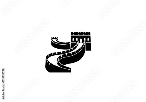A black and white illustration of the great wall of china with a tower and winding wall design element